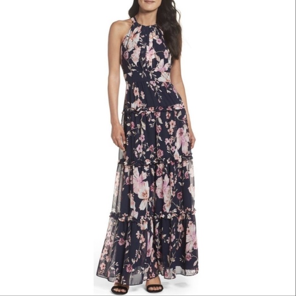 Eliza J Dresses & Skirts - Navy Floral Halter Tiered Maxi Dress - Pink Floral